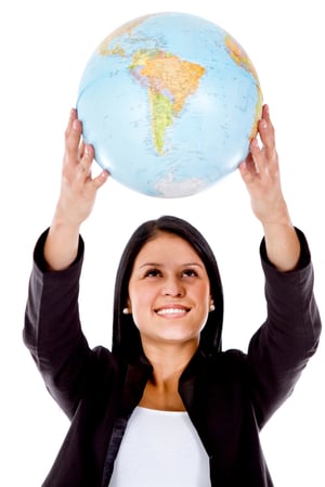 Woman holding a globe - isolated over a white background
